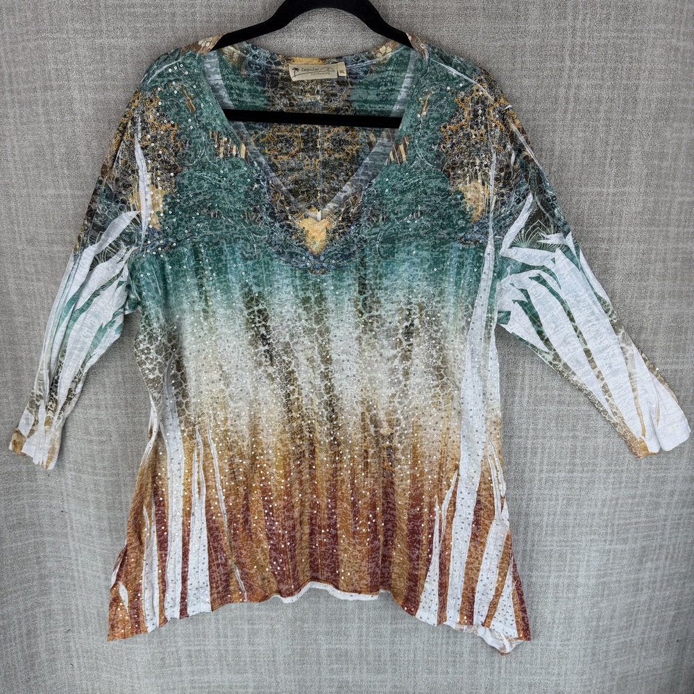 Impulse California Blouse Womens XL Multicolor Tunic V-Neck 3/4 Sleeve Sequin